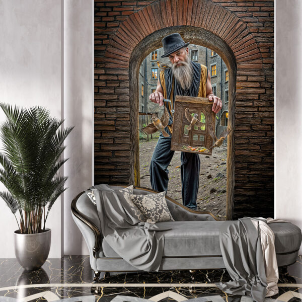 Laterna çalan adam ve kuşlar poster duvar kağıdı
